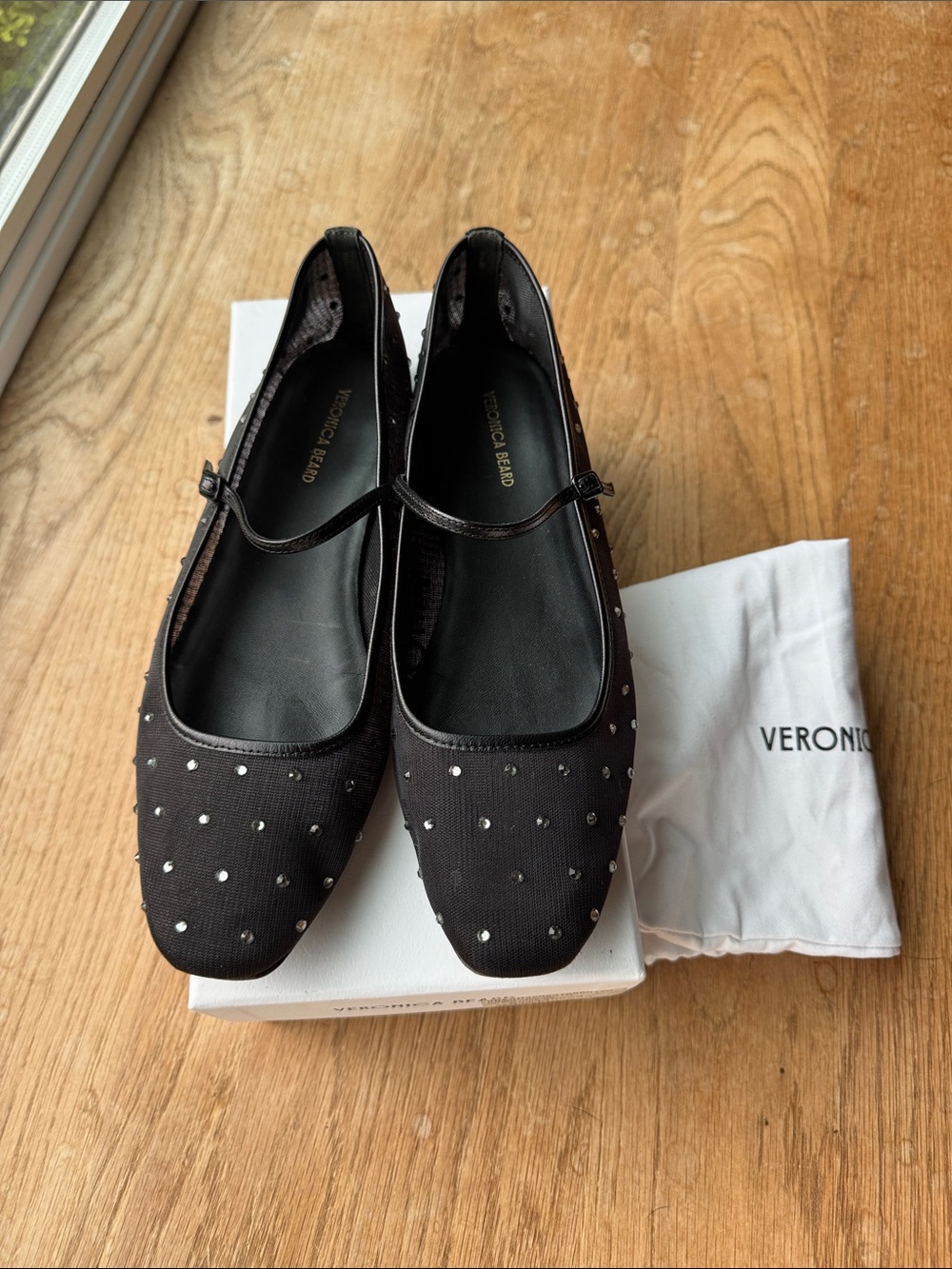 Veronica Beard Black Mesh Studded Mary Jane Flats with Strap